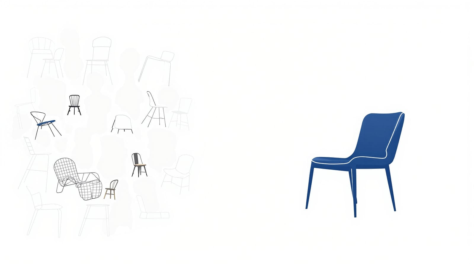 A cluster of varied silhouettes resolving into a single simplified shape