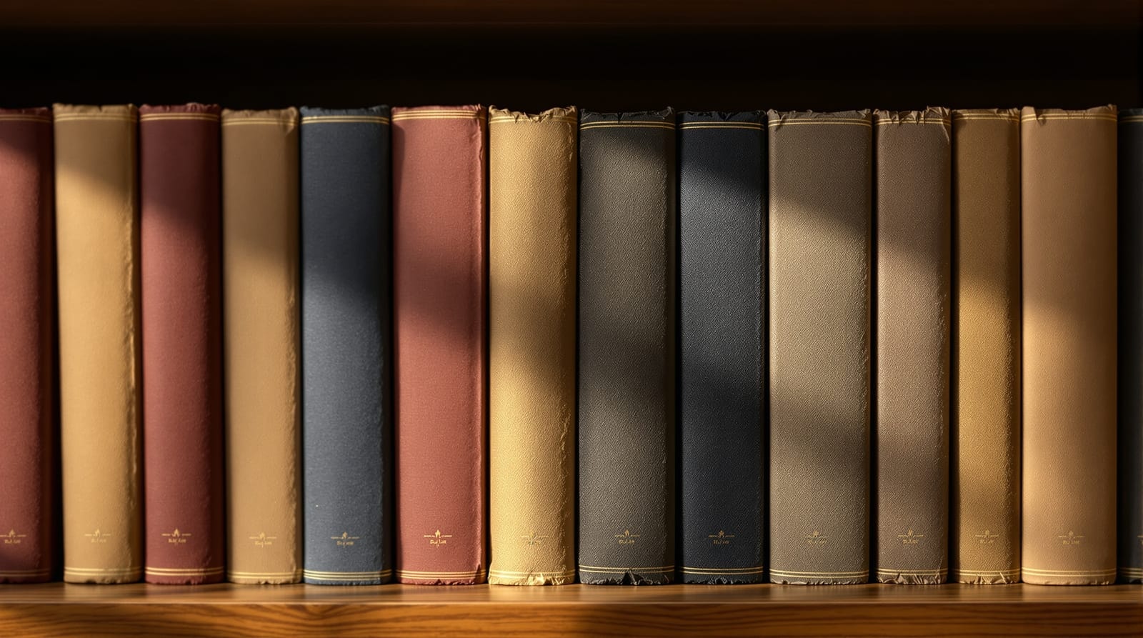 A shelf of worn technical volumes with plain spines