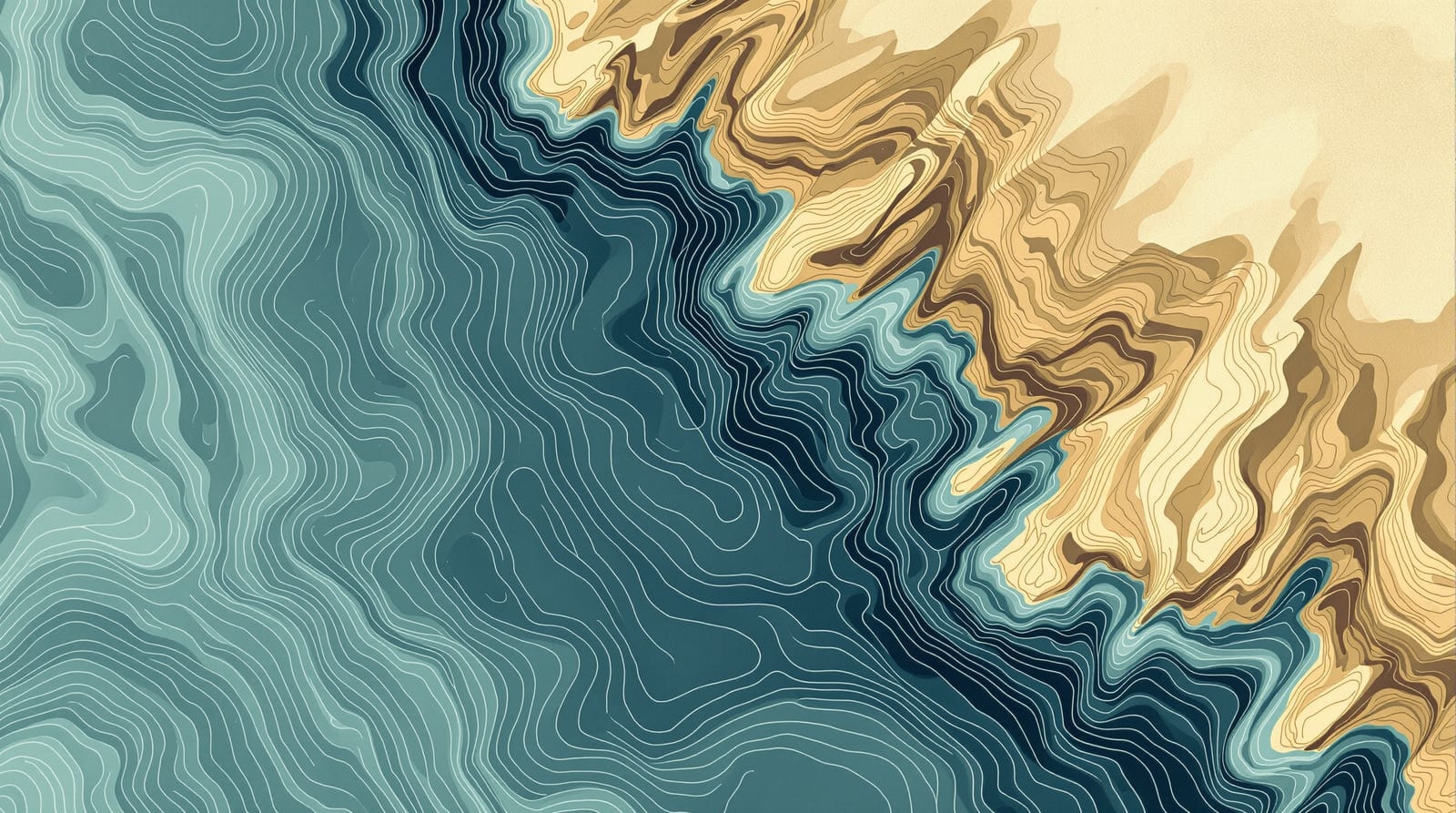 Stylised contour map of ocean temperature bands beside a mountain watershed profile