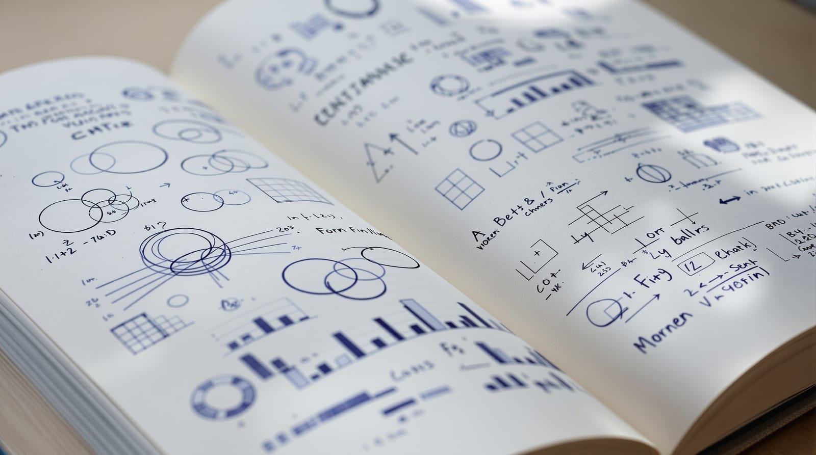 An open notebook of hand-drawn set diagrams and probability sketches on a desk